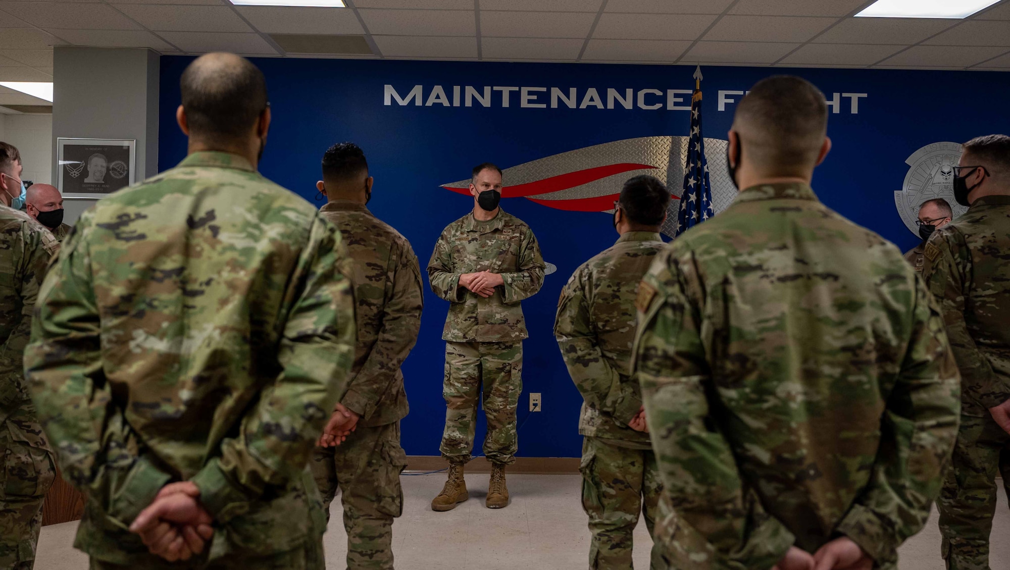 Col. Matt Husemann, 436th Airlift Wing commander, speaks to members of the 436th Maintenance Squadron, Operating Location Alpha, during an all call at Westover Air Reserve Base, Massachusetts, Jan. 25, 2022. During the event, Husemann and Chief Master Sgt. Tim Bayes, 436th AW command chief, dis-cussed housing, readiness and Airmanship. (U.S. Air Force photo by Senior Airman Faith Schaefer)