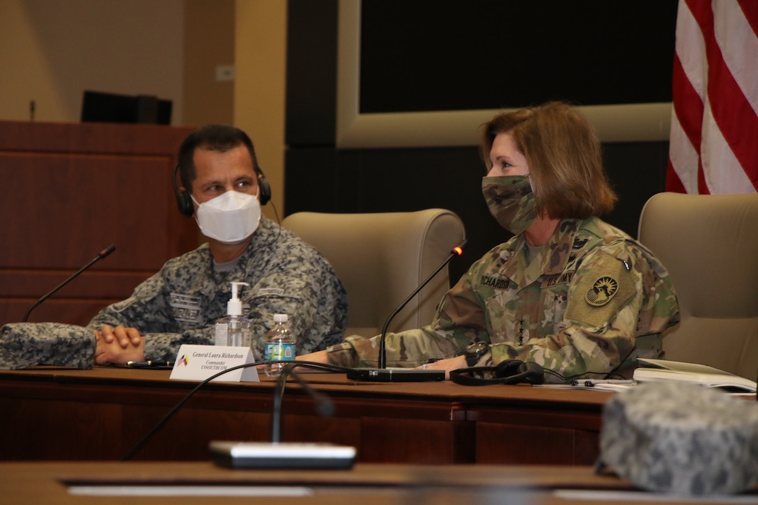 U.S. Army Gen. Laura Richardson, the Commander of U.S. Southern Command, speaks as Colombian Gen. Jorge Gonzalez Parra, Chief of the Colombian Joint Staff, listens following the signing of an Engagement and Cooperation Framework.