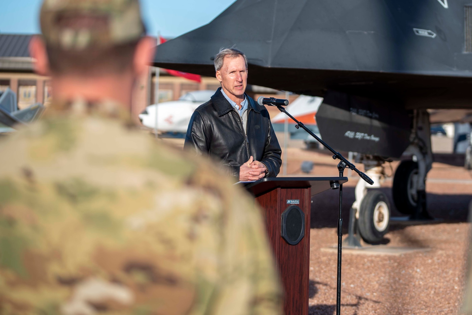 Matt McKeon, Department of Homeland Security federal coordinator – Holloman Safe Haven Operation Allies Welcome, formally thanks the 49th Wing and Holloman community for their assistance during the OAW Recognition Ceremony, Jan. 26, 2022, on Holloman Air Force Base, New Mexico. Approximately 1,700 joint and total force service members from across the United States supported the mission. (U.S. Air Force photo by Staff Sgt. Christine Groening)