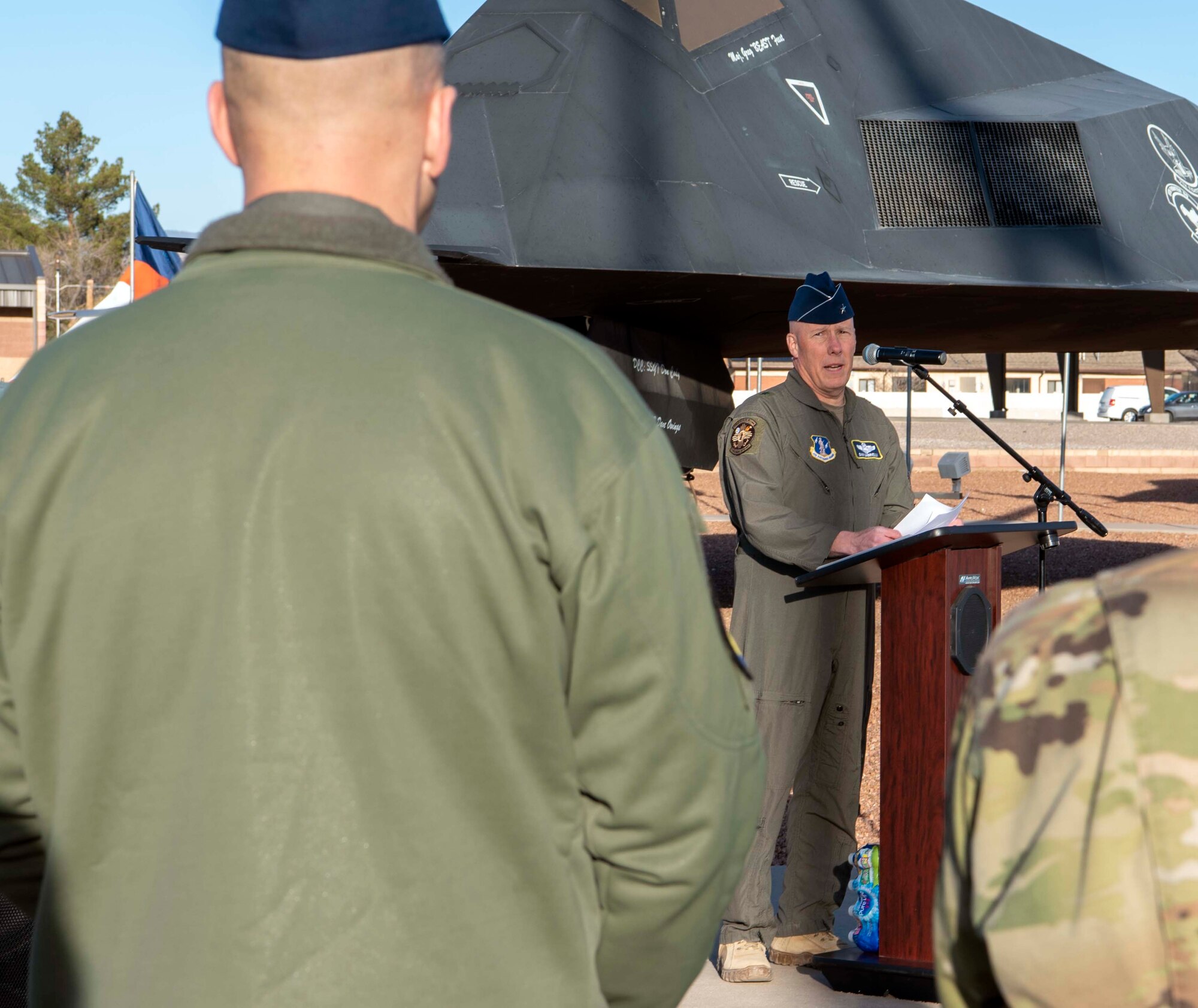Brig. Gen. Daniel Gabrielli, Task Force Holloman commander, thanks the 49th Wing and Holloman community for their assistance during the Operation Allies Welcome recognition ceremony, Jan. 26, 2022, on Holloman Air Force Base, New Mexico. Since the operation began in August of 2021, Task Force Holloman assisted in the resettling of 7,100 Afghan guests. (U.S. Air Force photo by Staff Sgt. Christine Groening)