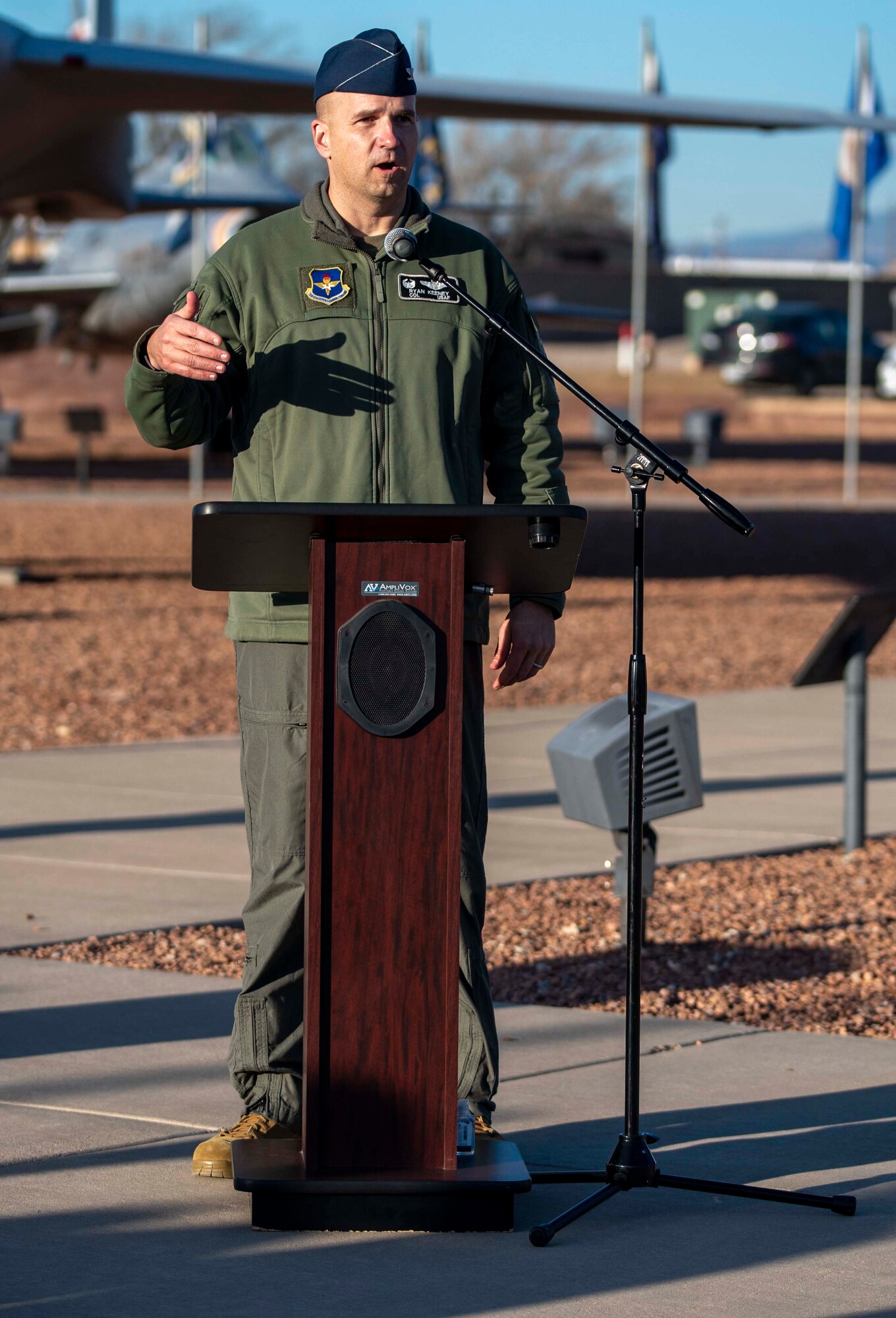 Col. Ryan Keeney, 49th Wing commander gives final remarks during the Operation Allies Welcome recognition ceremony, Jan. 26, 2022, on Holloman Air Force Base, New Mexico. Holloman was one of eight installations selected to temporarily house nearly 25,000 Afghan personnel as part of OAW. (U.S. Air Force photo by Staff Sgt. Christine Groening)