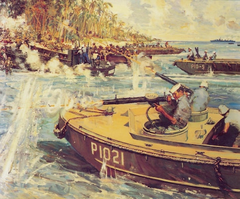 A flotilla of Coast Guard landing craft evacuated a battalion of Marines surrounded at Point Cruz, Guadalcanal. For his heroism in this operation, Signalman 1st Class Douglas Munro received the service’s only Medal of Honor. (U.S. Coast Guard)