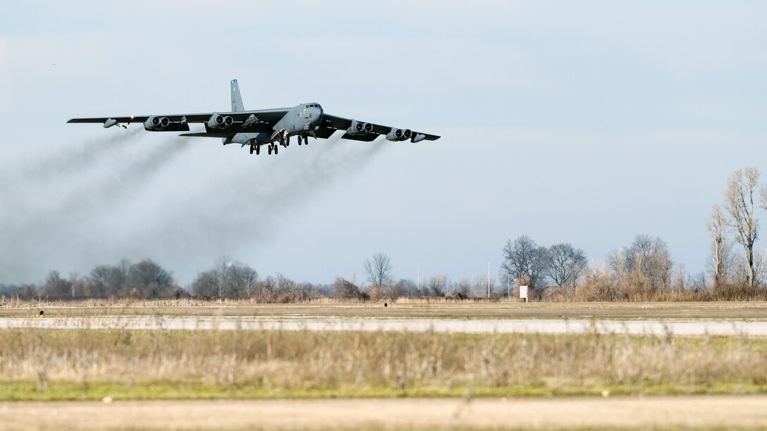 A B-52H Stratofortress takes off