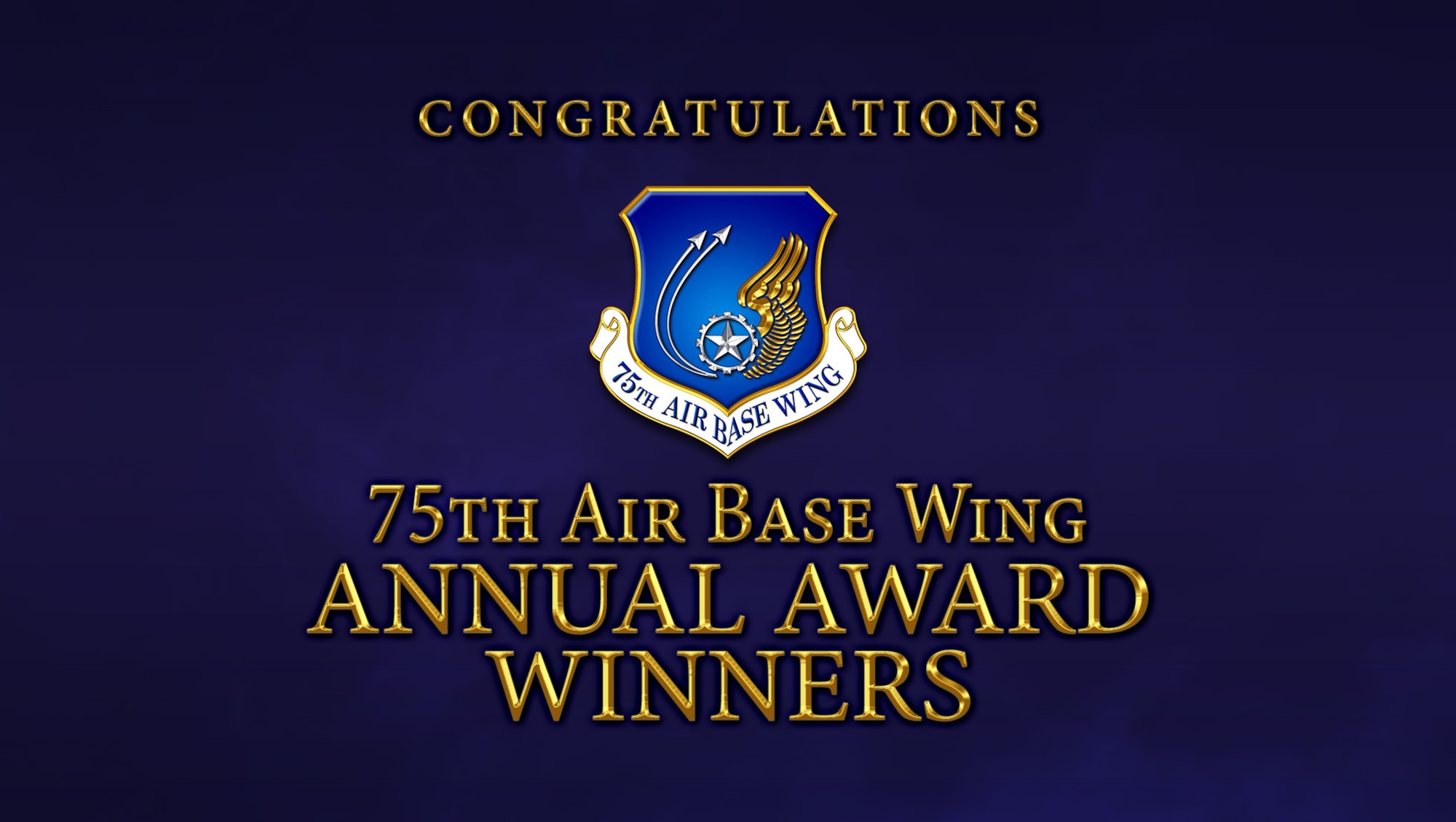 Congratulations 75th Air Base Wing Annual Award Winners and the 75th ABW emblem appear on a dark blue background.