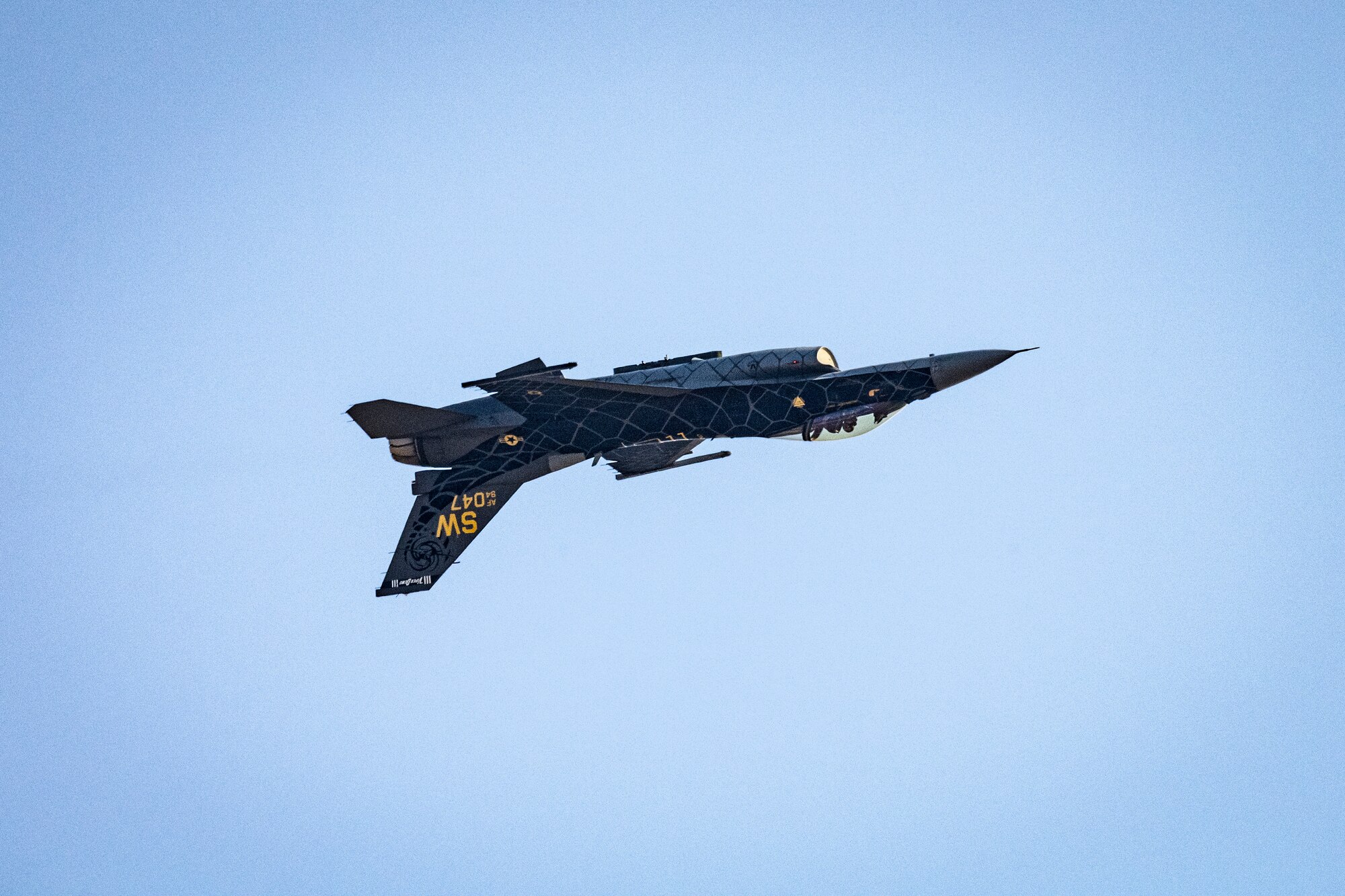 A pilot assigned to the F-16 Viper Demonstration Team performs a four-point turn at Shaw Air Force Base, S.C., Jan. 26, 2022. The VDT plays a significant role in not only maintaining community relations for the Air Force, but also in recruiting future members of our service. (U.S. Air Force photo by Senior Airman Madeline Herzog)