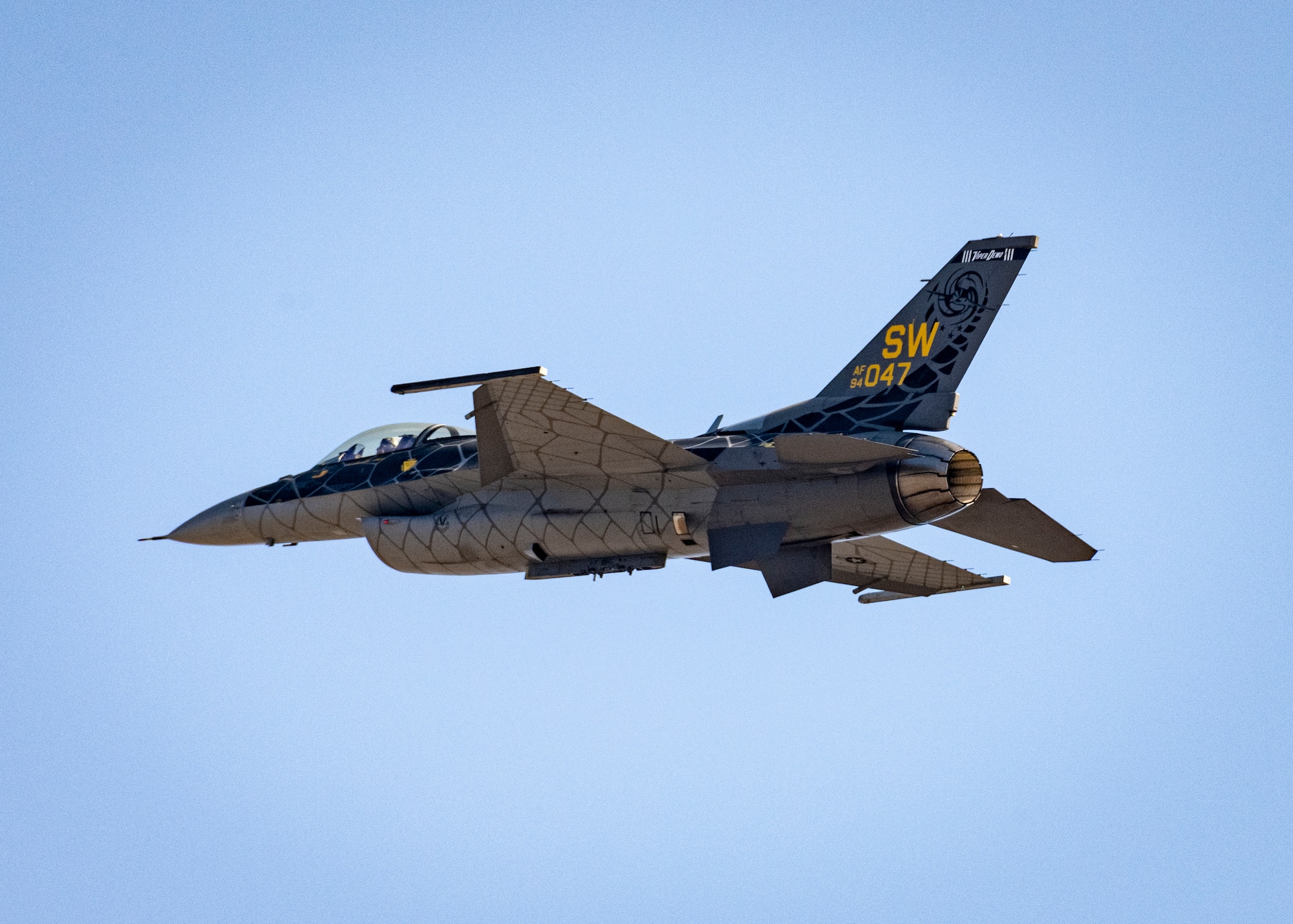 A pilot assigned to the F-16 Viper Demonstration Team performs a high-speed pass at Shaw Air Force Base, S.C., Jan. 26, 2022. The Team works closely with the Air Force Heritage Flight Foundation to create a unique demonstration for the U.S. Air Force past and present, exhibiting the professional qualities the Air Force develops in the people who fly, maintain and support these aircraft. (U.S. Air Force photo by Senior Airman Madeline Herzog)