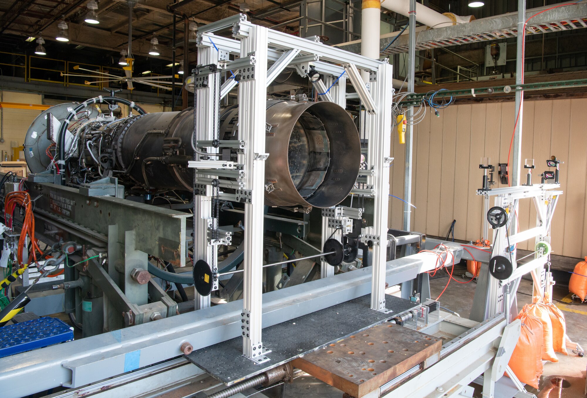 MetroLaser, Inc., uses the General Electric J85 engine, seen here, at the University of Tennessee Space Institute’s Propulsion Research Facility near Arnold Air Force Base, Tenn., to study its three-component planar Doppler velocimetry, or PDV, measurement system for optical, non-intrusive measurements of exhaust gas velocity Nov. 18, 2021.