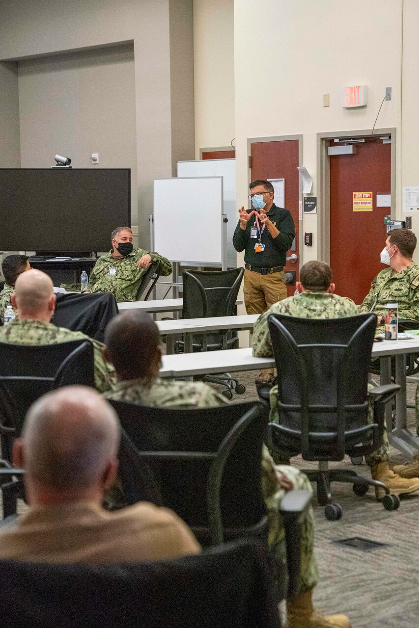 NORFOLK, Va. (Jan. 20, 2022) –  Murad “Mojo” Raheem, regional administrator for the Office of the Assistant Secretary for Preparedness and Response, Region 2, speaks during a Fleet Medical Training at Navy Warfare Development Command (NWDC), Jan. 20. U.S. 2nd Fleet (C2F) medical team, hosted medical leadership from various medical staffs, ships, and government agencies to discuss the future of Navy Medicine (U.S. Navy photo by Mass Communication Specialist 2nd Class Joshua M. Tolbert)