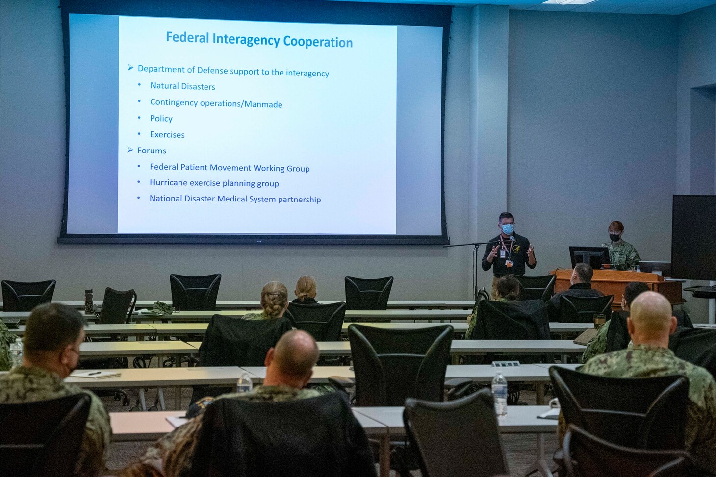 NORFOLK, Va. (Jan. 20, 2022) – Force Master Chief Michael Roberts, director of the Hospital Corps, speaks during a Fleet Medical Training at Navy Warfare Development Command (NWDC), Jan. 20. U.S. 2nd Fleet (C2F) medical team, hosted medical leadership from various medical staffs, ships, and government agencies to discuss the future of Navy Medicine (U.S. Navy photo by Mass Communication Specialist 2nd Class Joshua M. Tolbert)