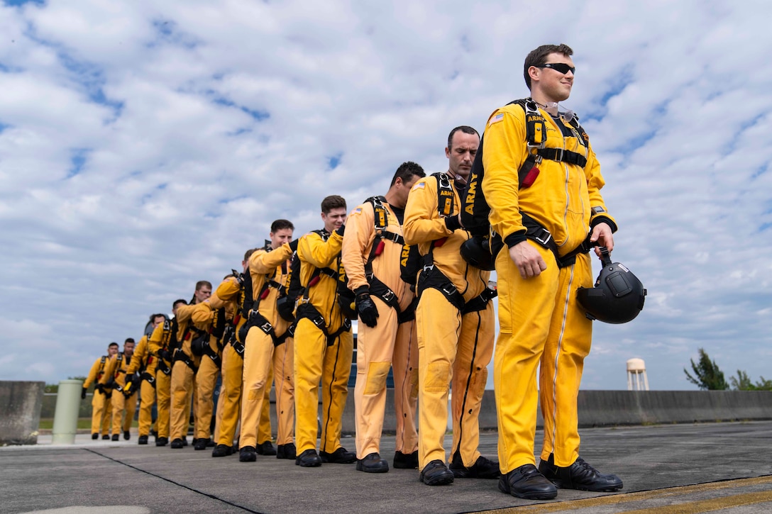 A group of soldiers stand in a line.