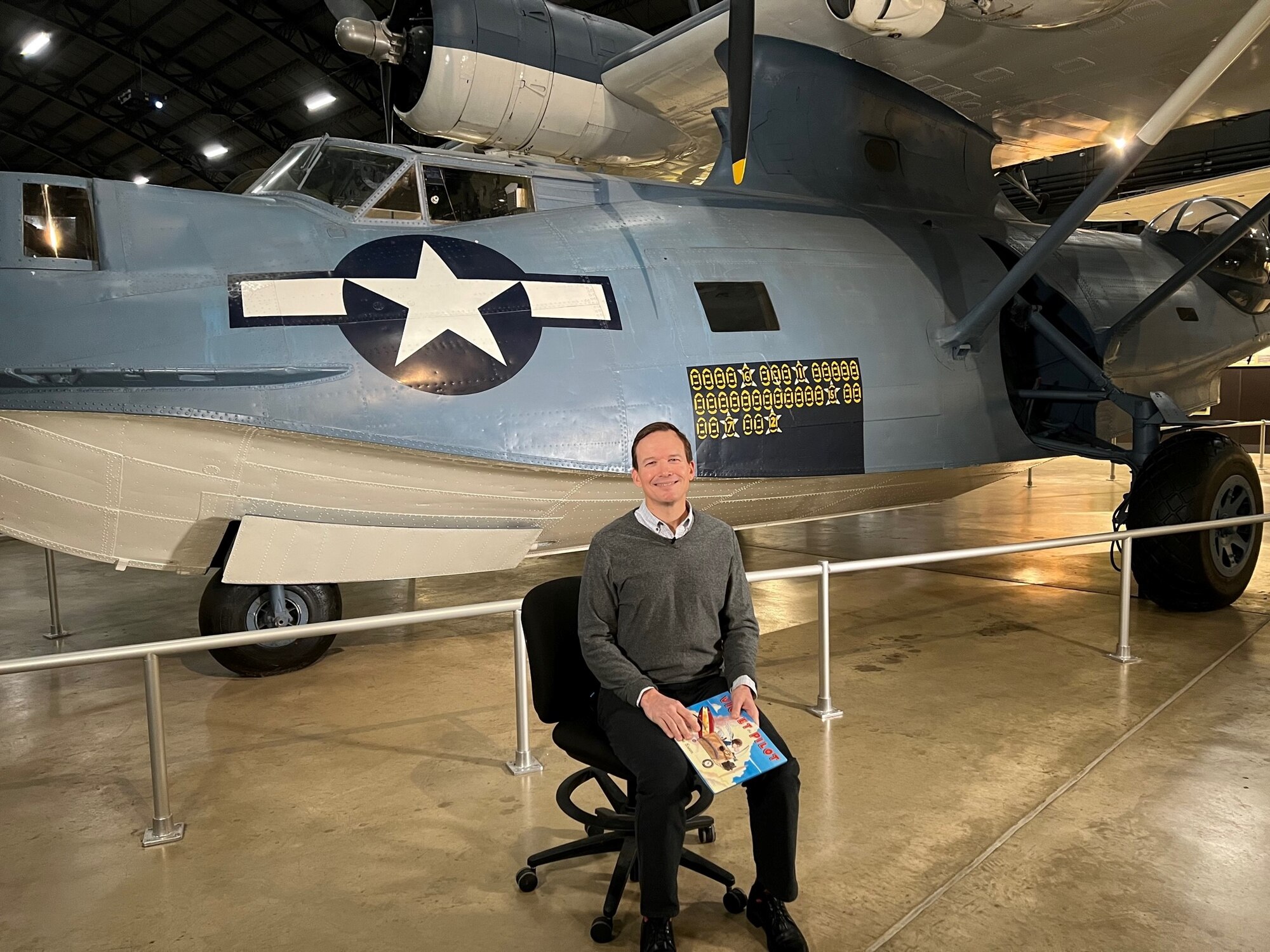 Ohio Education Association secretary-treasurer Mark Hill visits the National Museum of the U.S. Air Force to give voice to the book "Violet the Pilot" for the 2022 virtual Read Across America.