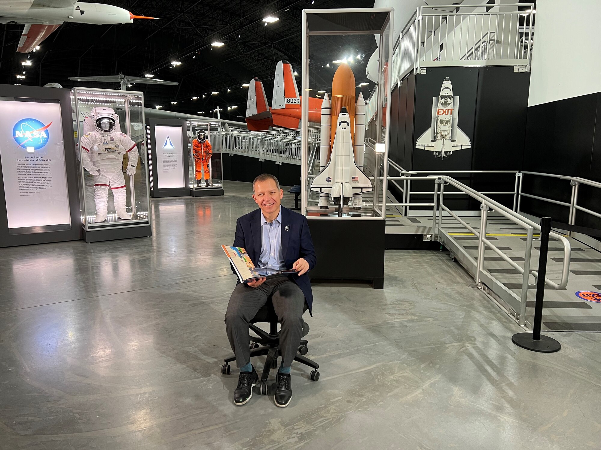 Ohio Education Association president, Scott DiMauro visits the National Museum of the U.S. Air Force to give voice to the book "Mousetronaut" for the 2022 virtual Read Across America.