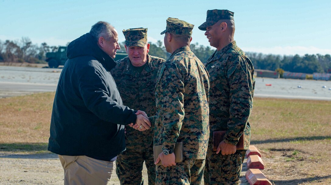 Secretary of the Navy Carlos Del Toro visited Marine Corps Auxiliary Landing Field (MCALF) Bogue, North Carolina, Jan. 27, 2022. While at MCALF Bogue, Del Toro met with II Marine Expeditionary Force leadership and was given an Expeditionary Advanced Based Operations demonstration.