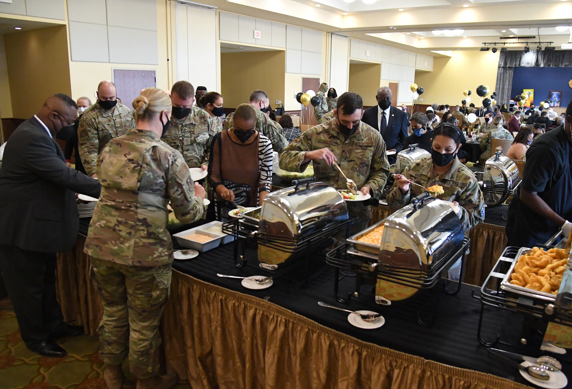 Keesler personnel attend the annual Dr. Martin Luther King Jr. Celebration Luncheon inside the Bay Breeze Event Center at Keesler Air Force Base, Mississippi, Jan. 27, 2022. The 81st Training Wing and the 81st Training Group hosted the event honoring King's legacy and his efforts to inspire civil rights activism within the African-American community. He is widely regarded as America's pre-eminent advocate of nonviolence and one of the greatest nonviolent leaders in world history. (U.S. Air Force photo by Kemberly Groue)