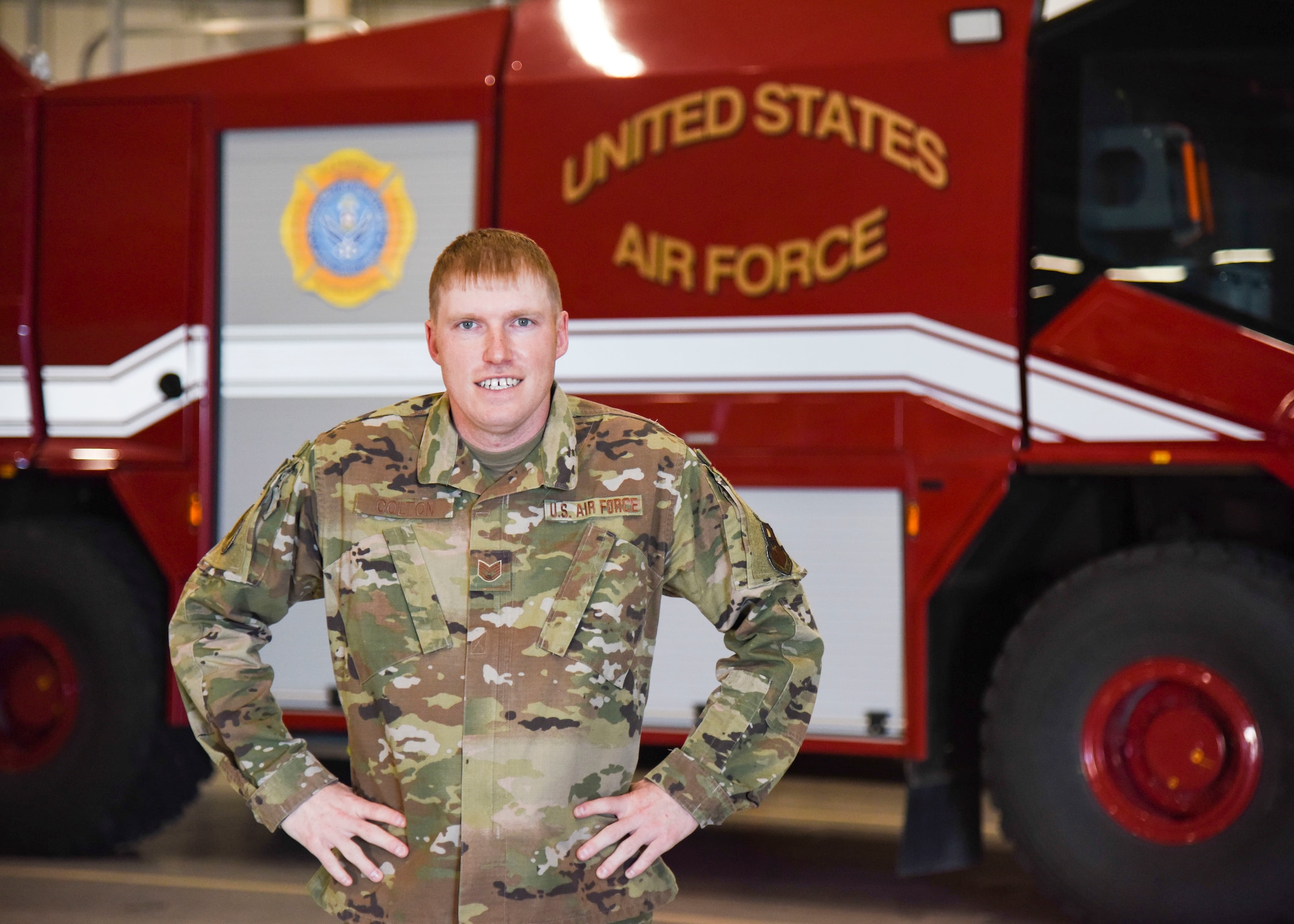 U.S. Air Force Tech. Sgt. Kenneth Colton, 312th Training Squadron fire officer training section chief, poses for a photo