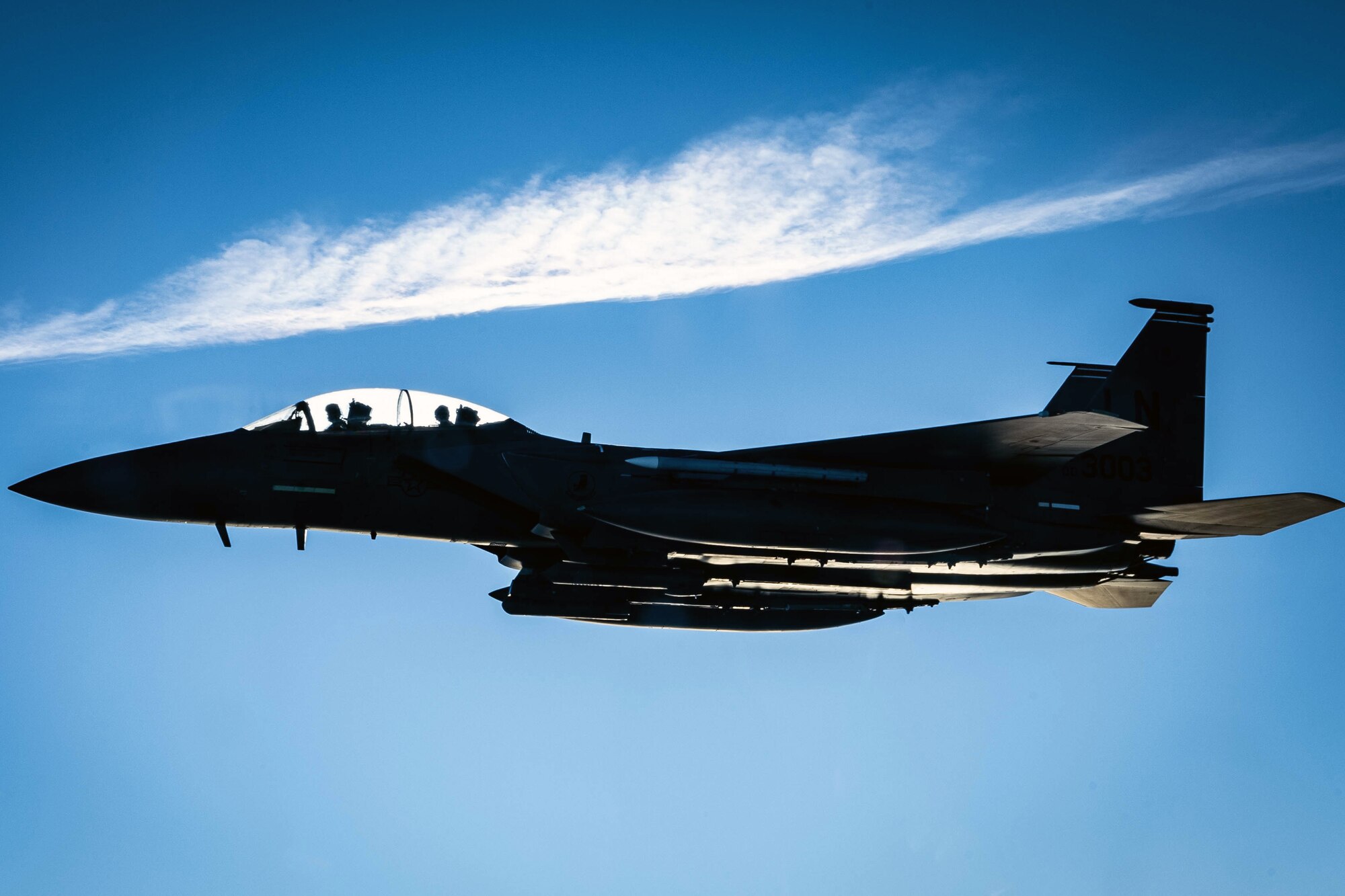 A U.S. Air Force F-15E Strike Eagle from the 494th Fighter Squadron participates in routine refueling operations over the North Sea