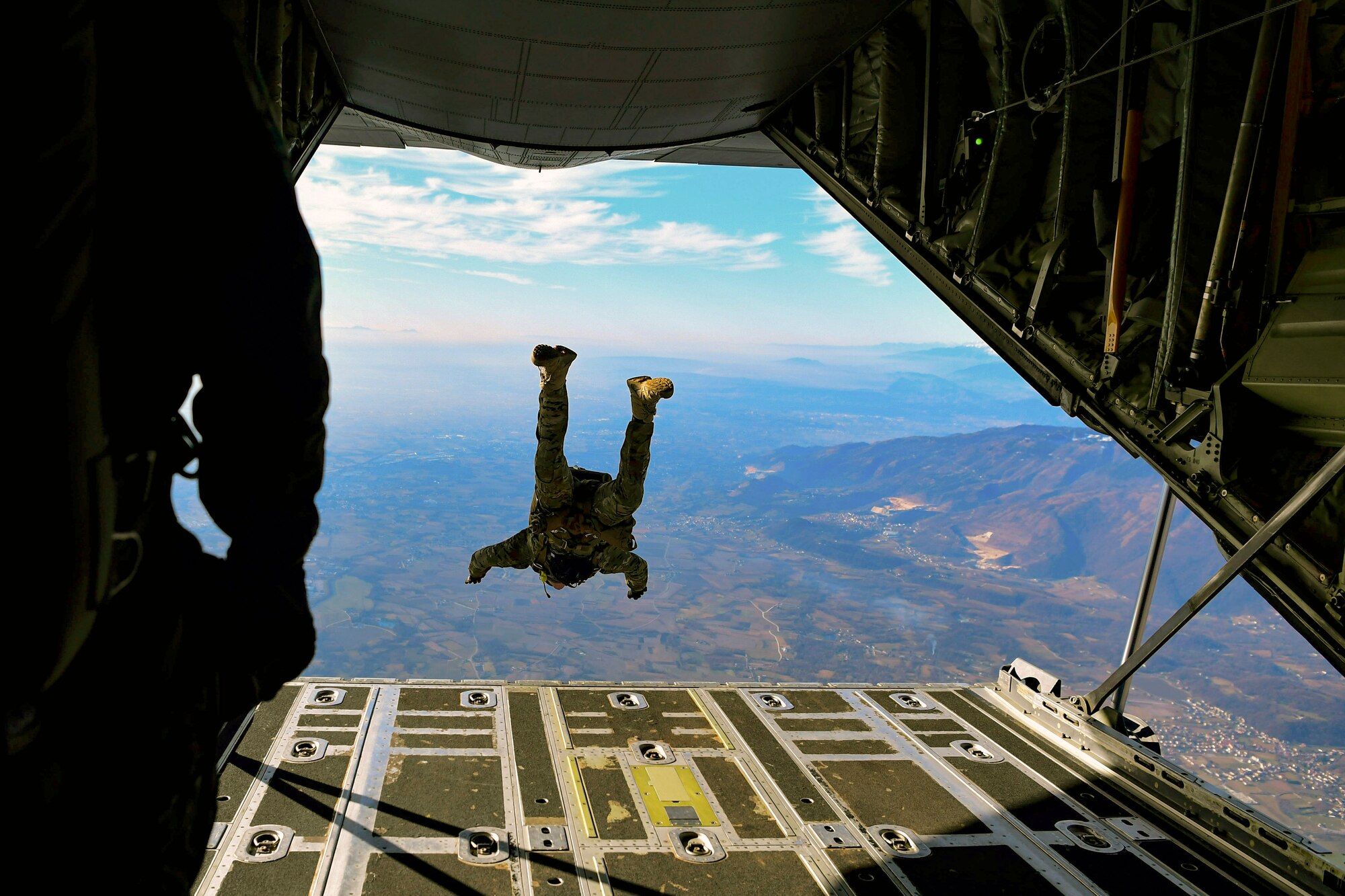 An Airman assigned to the 57th Rescue Squadron performs a free-fall jump