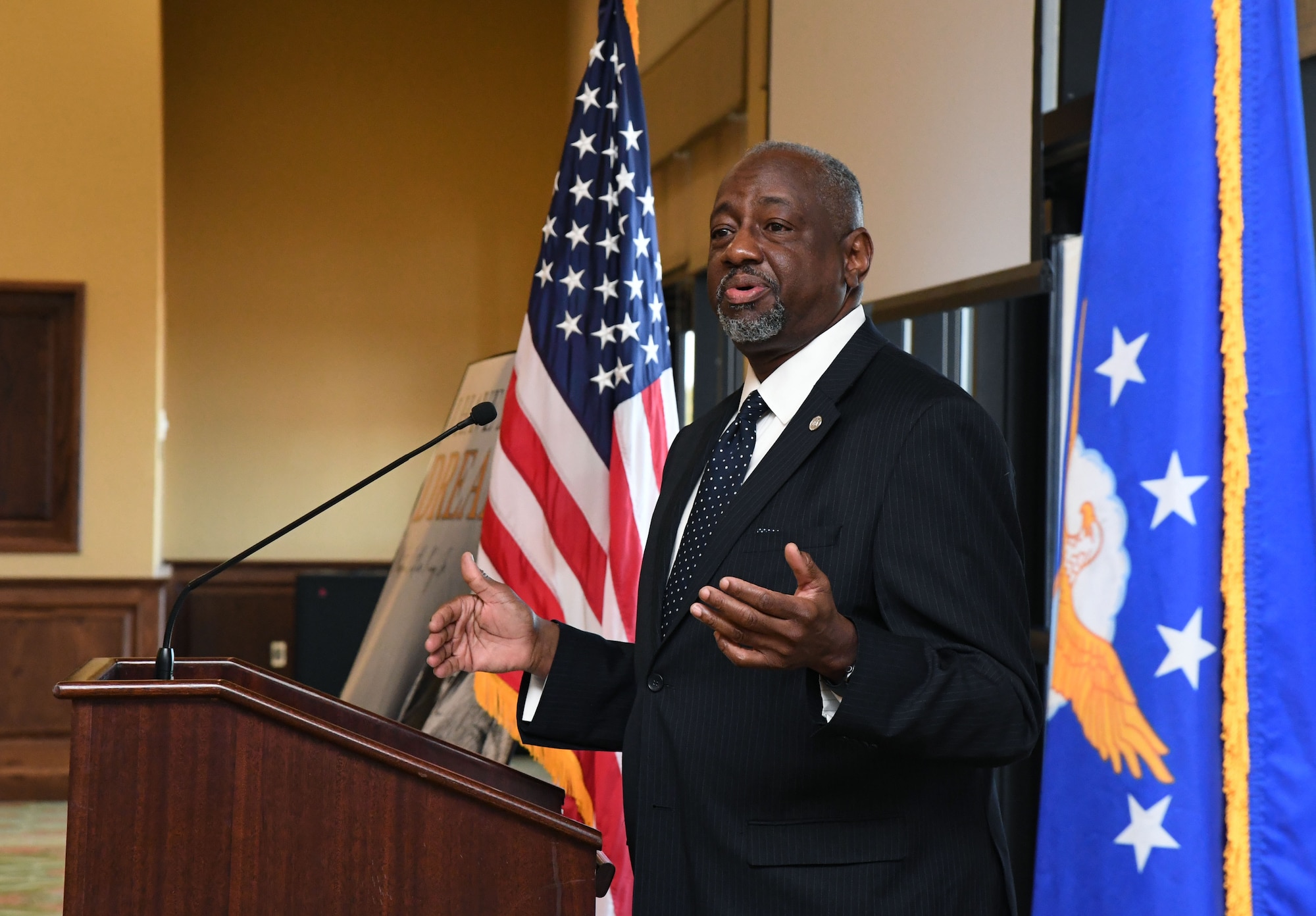 U.S. Air Force Retired Maj. Gen. Mark Brown delivers remarks during the annual Dr. Martin Luther King Jr. Celebration Luncheon inside the Bay Breeze Event Center at Keesler Air Force Base, Mississippi, Jan. 27, 2022. The 81st Training Wing and the 81st Training Group hosted the event honoring King's legacy and his efforts to inspire civil rights activism within the African-American community. He is widely regarded as America's pre-eminent advocate of nonviolence and one of the greatest nonviolent leaders in world history. (U.S. Air Force photo by Kemberly Groue)