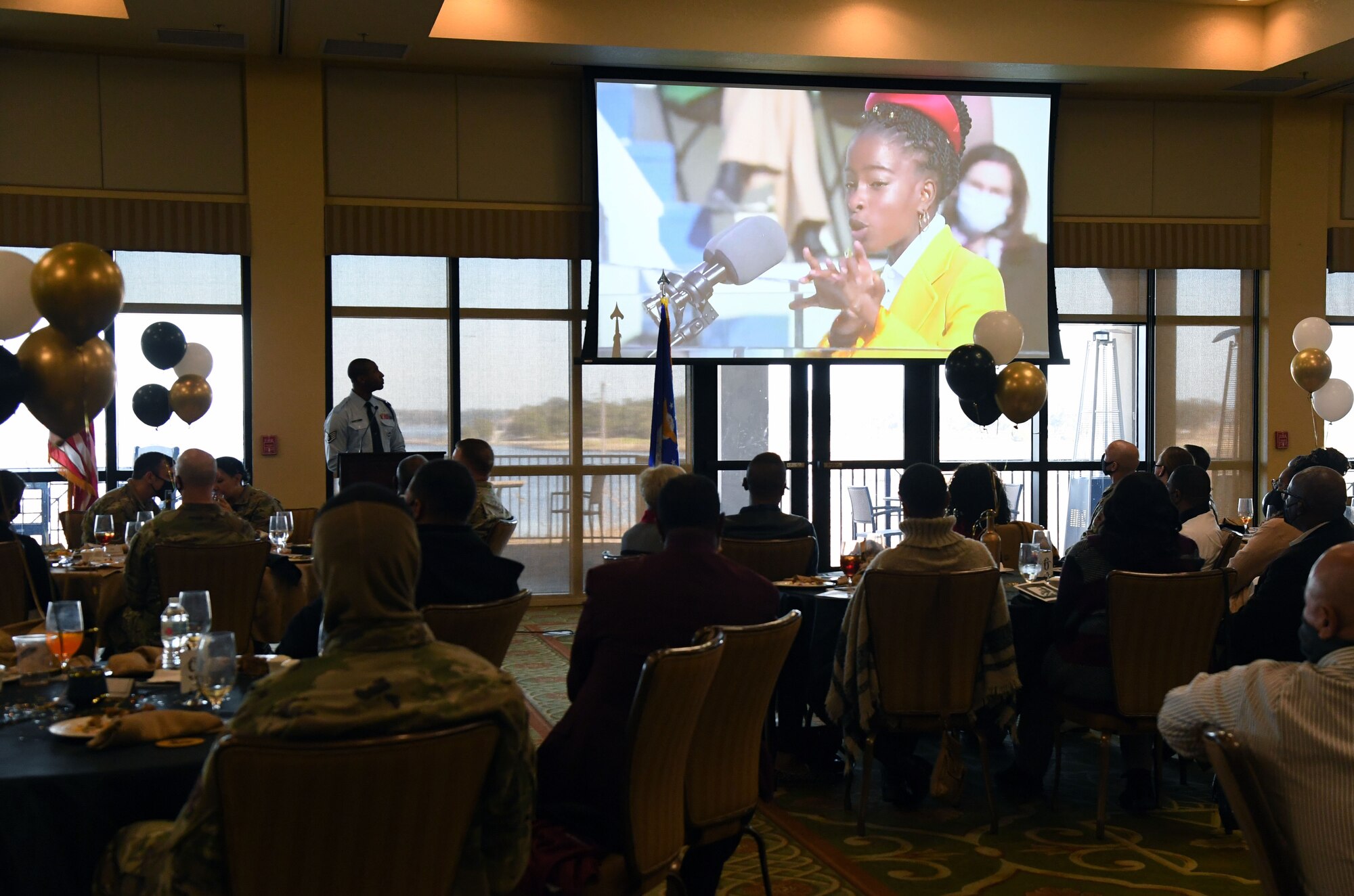 Keesler personnel attend the annual Dr. Martin Luther King Jr. Celebration Luncheon inside the Bay Breeze Event Center at Keesler Air Force Base, Mississippi, Jan. 27, 2022. The 81st Training Wing and the 81st Training Group hosted the event honoring King's legacy and his efforts to inspire civil rights activism within the African-American community. He is widely regarded as America's pre-eminent advocate of nonviolence and one of the greatest nonviolent leaders in world history. (U.S. Air Force photo by Kemberly Groue)