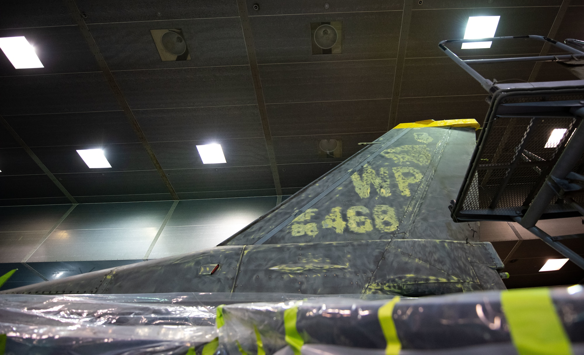 An F-16 Fighting Falcon is prepared to be painted