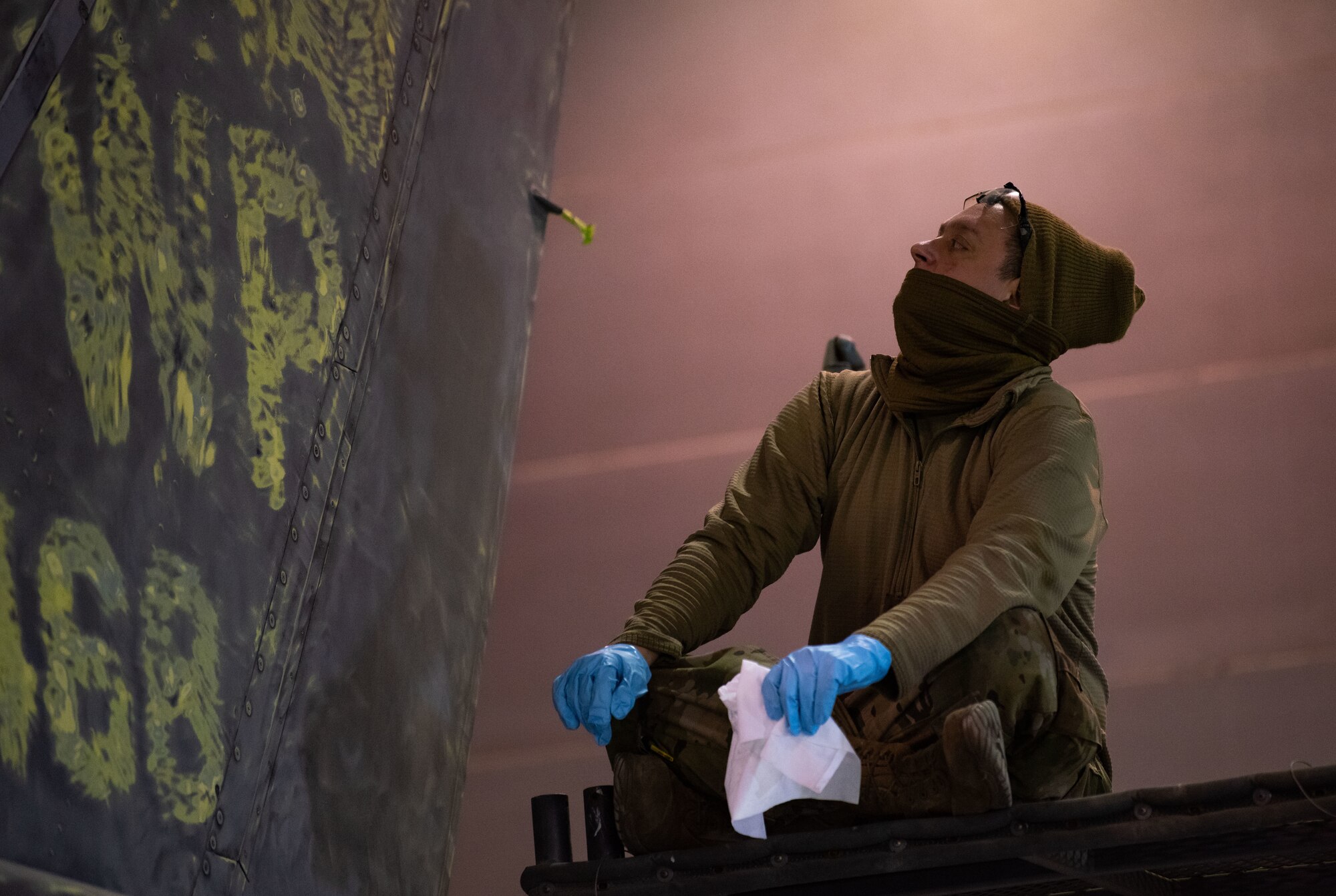 Staff Sgt. Coty Scott, 8th Maintenance Squadron aircraft structural maintenance craftsman, conducts a “wipe test” on an F-16 Fighting Falcon tail fin