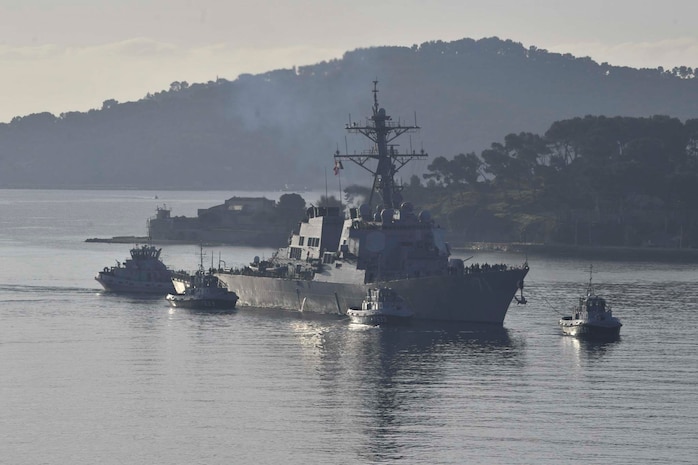 The Arleigh Burke-class guided-missile destroyer USS Ross pulls into Toulon, France, for a scheduled port visit Jan. 29, 2022. Ross, forward-deployed to Rota, Spain, is on its 12th patrol in the U.S. Sixth Fleet area of operations in support of regional allies and partners and U.S. national security interests in Europe and Africa.