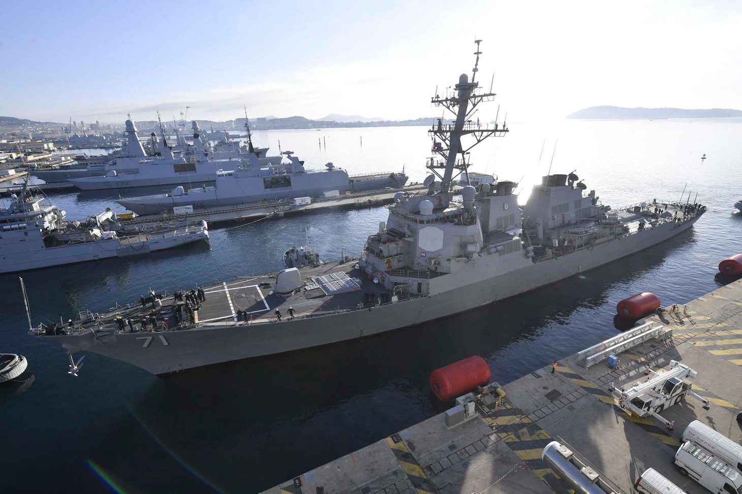 The Arleigh Burke-class guided-missile destroyer USS Ross pulls into Toulon, France, for a scheduled port visit Jan. 29, 2022. Ross, forward-deployed to Rota, Spain, is on its 12th patrol in the U.S. Sixth Fleet area of operations in support of regional allies and partners and U.S. national security interests in Europe and Africa.