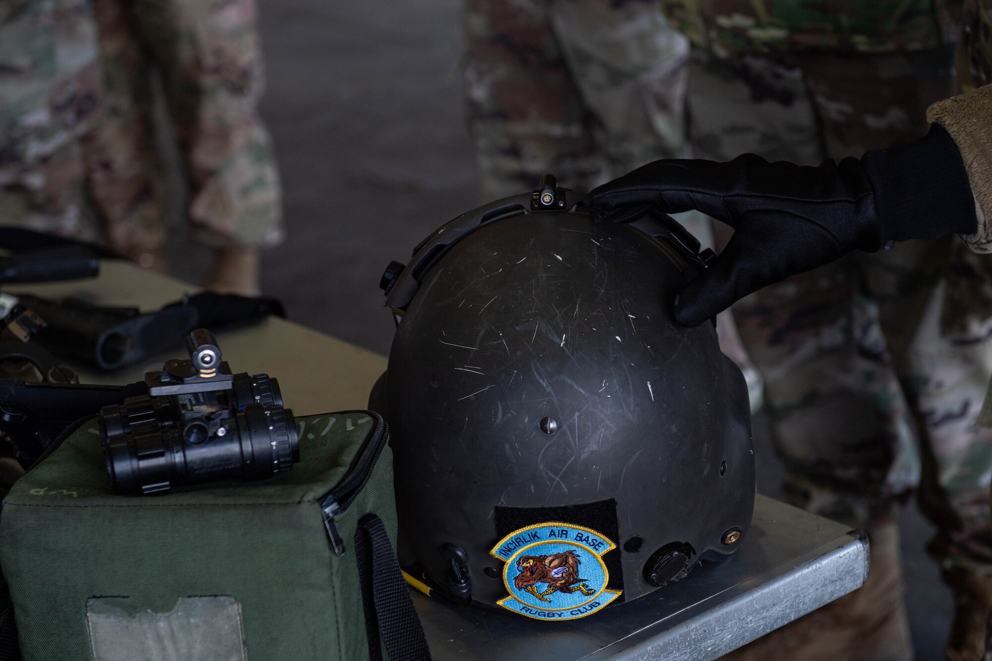 Display of UH-60 Blackhawk crew chief helmet