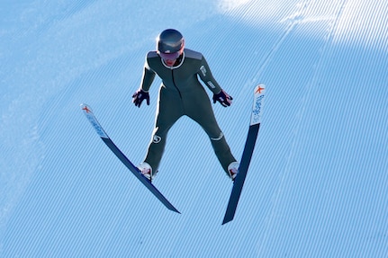 Spc. Jasper Good, Utah National Guard Joint Force Headquarters and assigned to the U.S. Army World Class Athlete Program, takes a practice jump at the Utah Olympic Park, Park City, Utah, Jan. 27, 2022. Good is one of two Utah National Guard Soldiers going to China on the 2022 U.S. Olympic Nordic Combined Team. Good, of Steamboat Springs, Colorado, and Spc. Benjamin Loomis of Eau Claire, Wisconsin, earned spots to compete in the 2022 Beijing Winter Olympics in February.