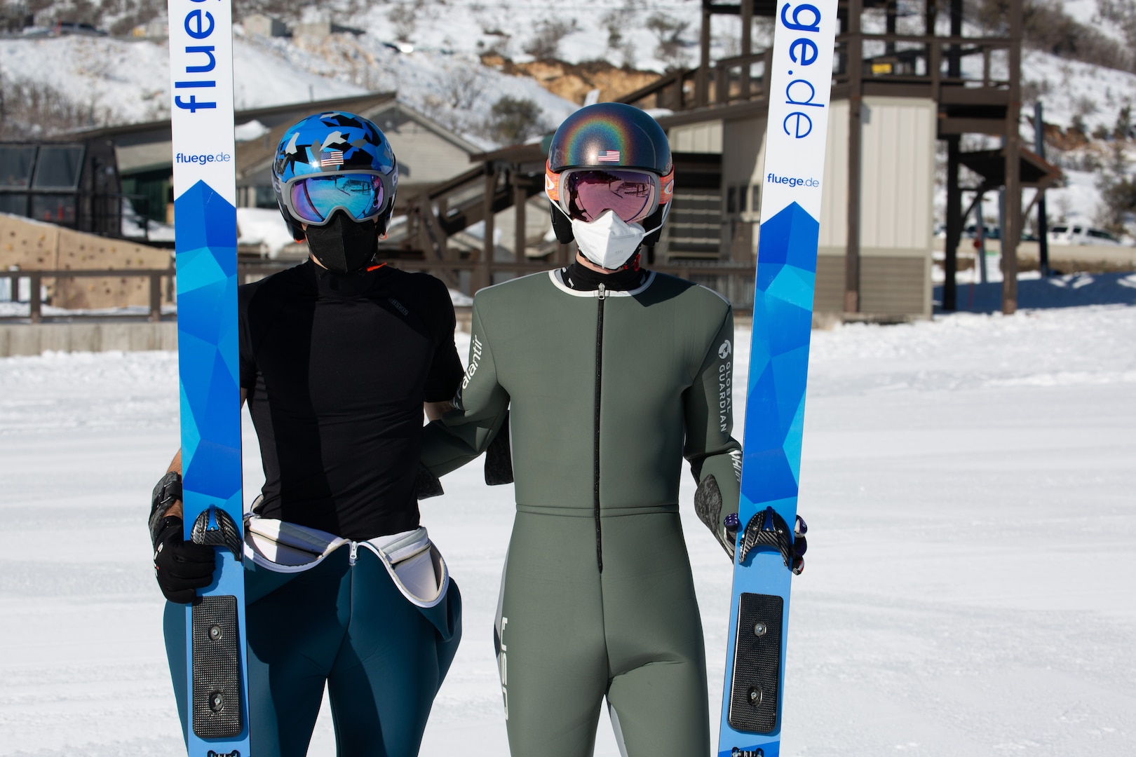 Utah National Guard Spcs. Benjamin Loomis of Eau Claire, Wisconsin and Jasper Good of Steamboat Springs, Colorado, after practice jumps at the Utah Olympic Park, Park City, Utah, Jan. 27, 2022. Good and Loomis are  going to China on the 2022 U.S. Olympic Nordic Combined Team.