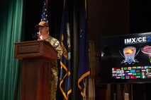 220131-A-RM286-1072 MANAMA, Bahrain (Jan. 31, 2022) Vice Adm. Brad Cooper, commander of U.S. Naval Forces Central Command, U.S. 5th Fleet and Combined Maritime Forces, speaks during the opening ceremony of International Maritime Exercise/Cutlass Express 2022 at Naval Support Activity Bahrain, Jan. 31. IMX/CE 2022 is the largest multinational training event in the Middle East, involving more than 60 nations and international organizations committed to enhancing partnerships and interoperability to strengthen maritime security and stability.