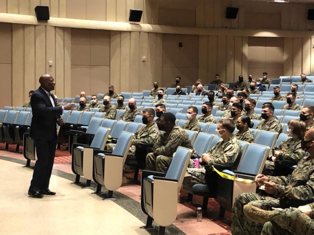The 16th Sergeant Major of the Marine Corps, retired Sergeant Major Carlton W. Kent, starts off the Headquarters Battalion's Back in the Saddle training event.