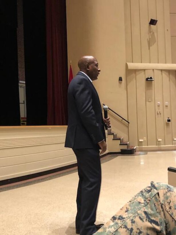 The 16th Sergeant Major of the Marine Corps, retired Sergeant Major Carlton W. Kent, starts off the Headquarters Battalion's Back in the Saddle training event.
