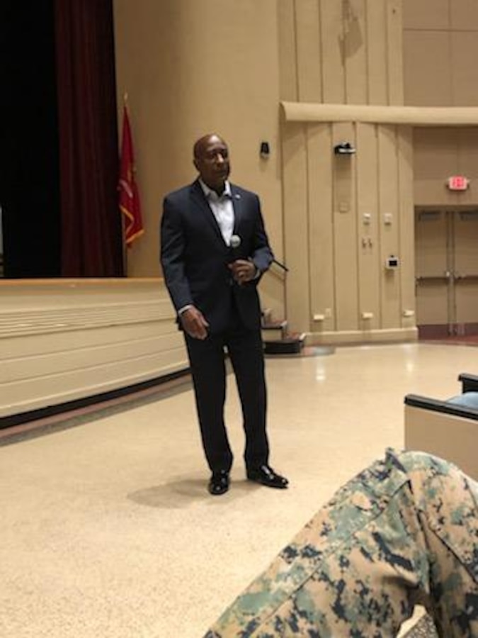 The 16th Sergeant Major of the Marine Corps, retired Sergeant Major Carlton W. Kent, starts off the Headquarters Battalion's Back in the Saddle training event.