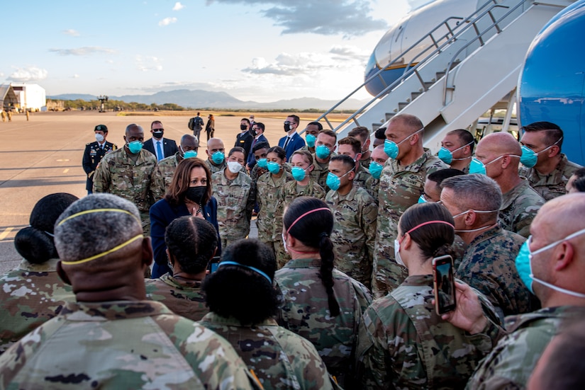 Vice President of the United States Kamala Harris speaks with members of Joint Task Force Bravo at the end of her visit to Honduras at Soto Cano Air Base, Honduras, Jan. 27, 2022.