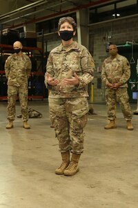 Brig. Gen. Joane Mathews, Wisconsin deputy adjutant general for Army, addresses more than 50 members of the Wisconsin Army National Guard’s 135th Medical Company at Fort Hood, Texas. The unit returned to the United States from a deployment to multiple locations in the Middle East.