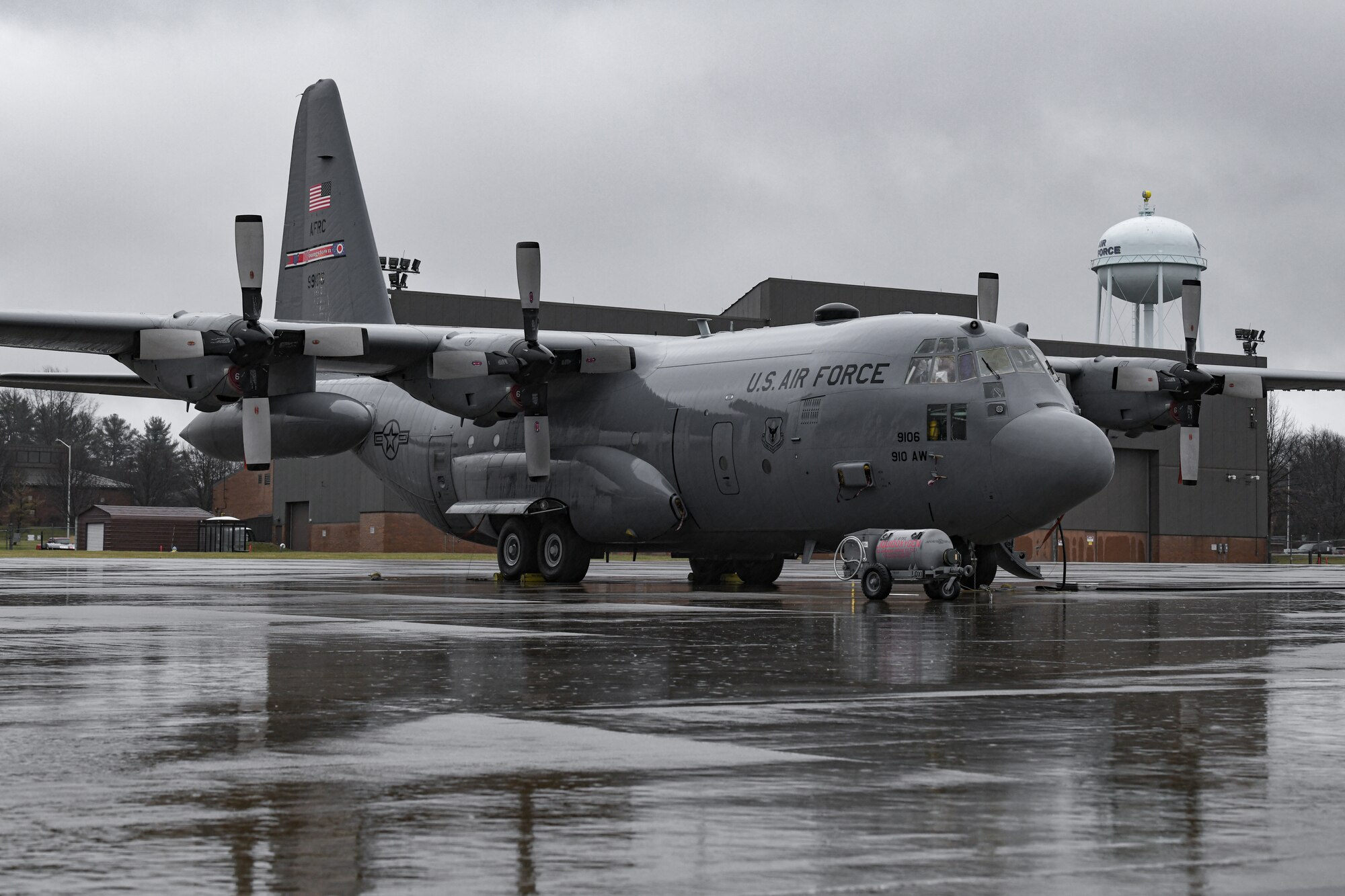 A C-130H Hercules aircraft, assigned to the 757th Airlift Squadron, remains ready for flight on Jan. 9, 2022, on the flightline at Youngstown Air Reserve Station. During the January unit training assembly, aircrew members with the 757th AS performed mandatory flying requirements to ensure each Airman is combat ready.