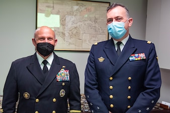 WASHINGTON (Jan. 31, 2022) Chief of Naval Operations (CNO) Adm. Mike Gilday, left, meets with Chief of the French Navy Adm. Pierre Vandier for an office call at the Pentagon, in Arlington, Virginia. The two leaders met and discussed mutual strengths, the importance of the NATO Alliance, and how to advance interoperability. (U.S. Navy photo by Chief Mass Communication Specialist Amanda R. Gray/released)