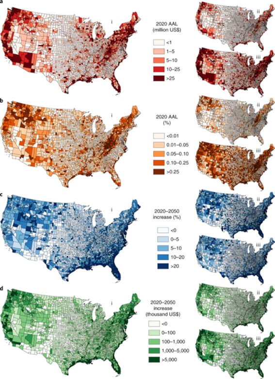 Present and future US flood risk by county