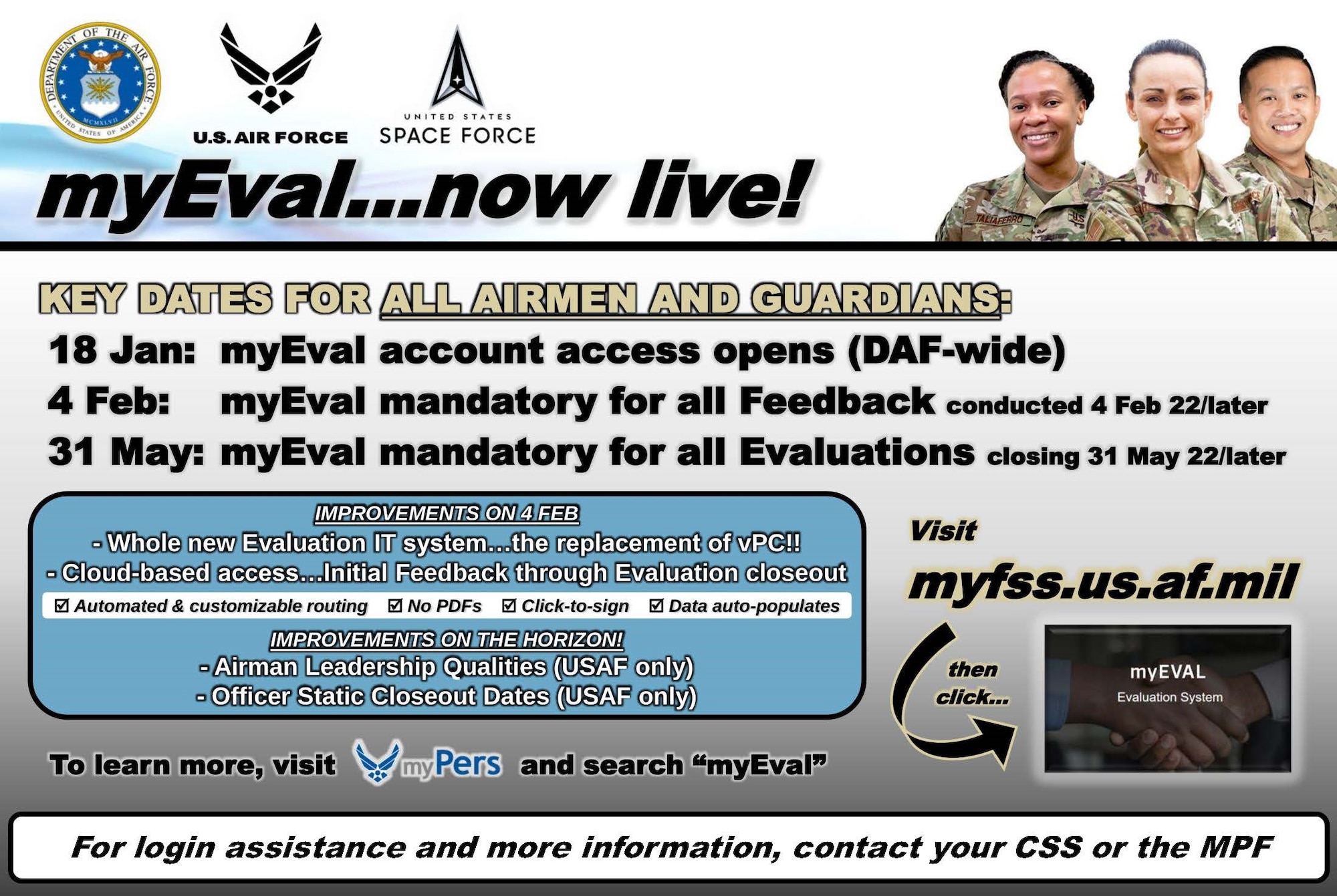 Graphic depicting key dates for myEval implementation with information about myfss.us.af.mil and mypers.af.mil as link on where to find more info.