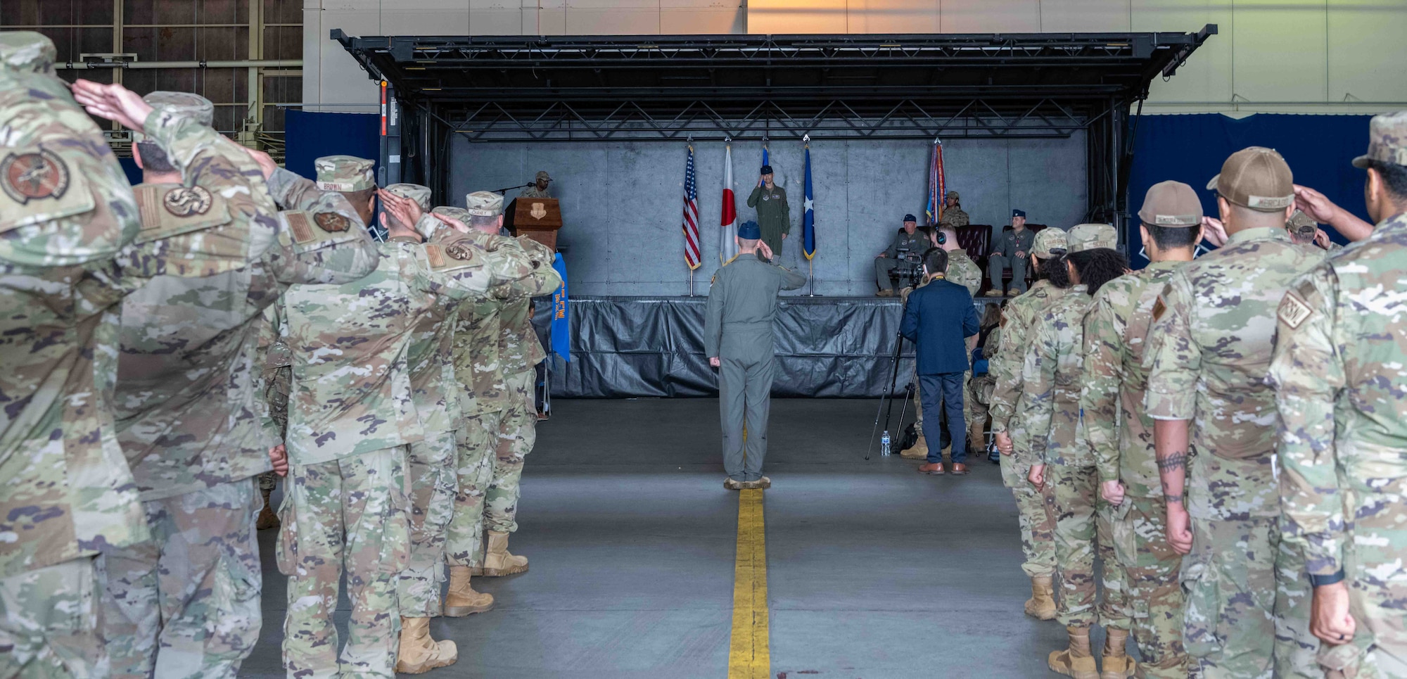 United States. Air Force Col. Michael P. Richard, 35th Fighter Wing (FW) commander, renders his first salute as commander during the 35th FW change of command ceremony at Misawa Air Base, Japan, June 30, 2022.