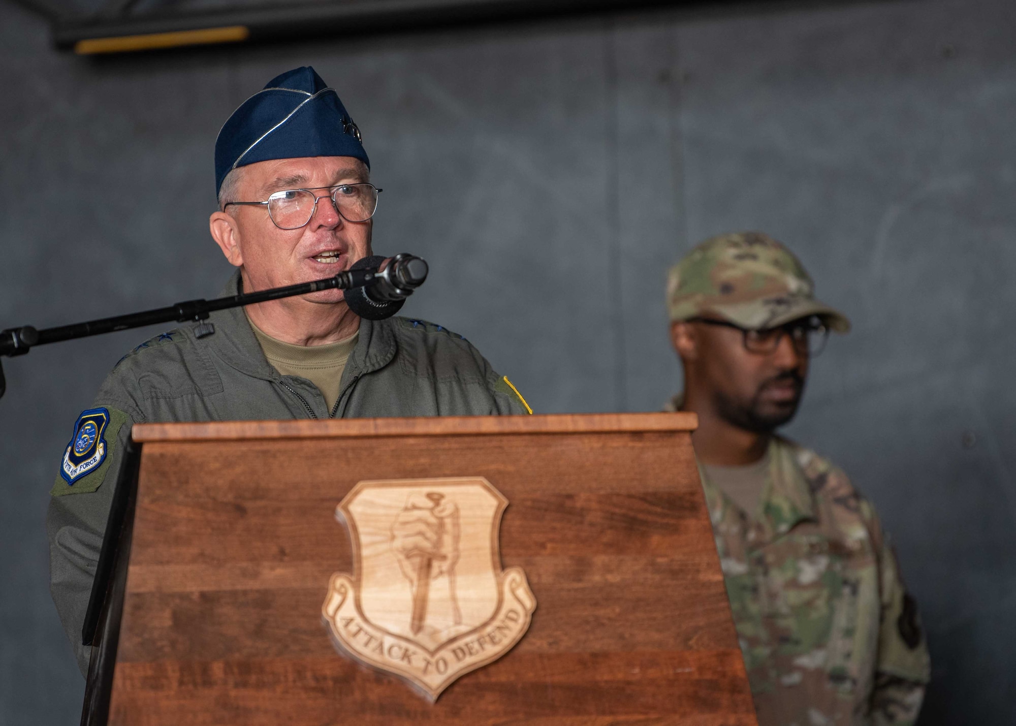 United States Air Force Lt. Gen. Ricky N. Rupp, U.S. Forces Japan and 5th Air Force commander, delivers a speech during the 35th Fighter Wing change of command ceremony at Misawa Air Base, Japan, June 30, 2022.