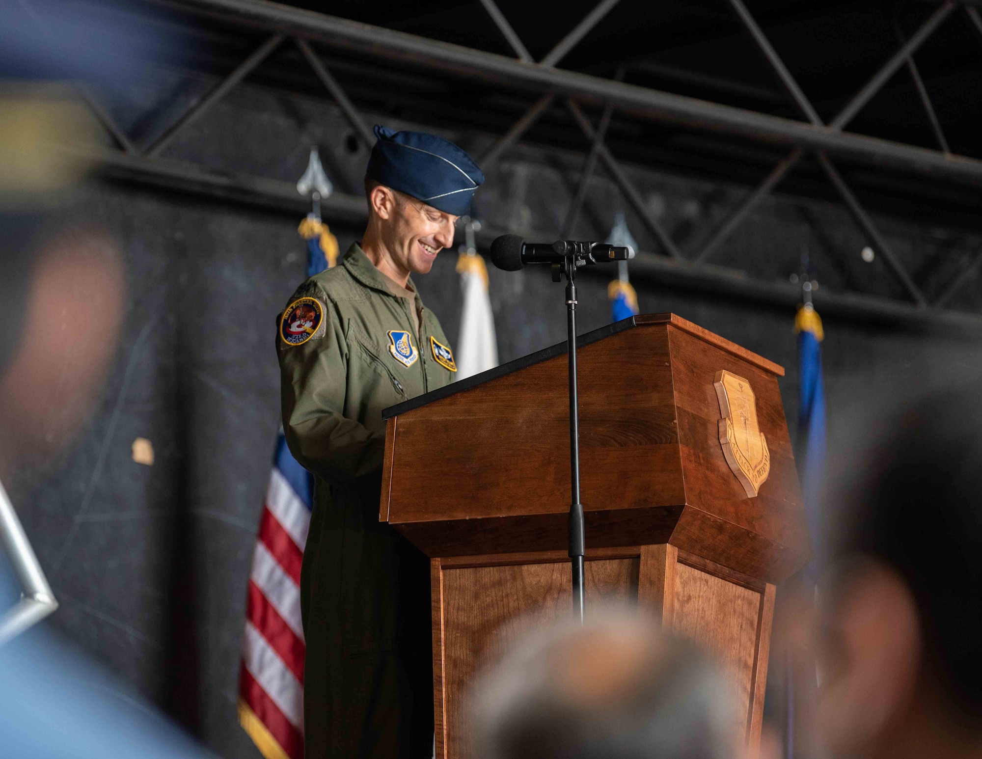 United States Air Force Col. Michael P. Richard, 35th Fighter Wing (FW) incoming commander, smiles as he delivers a speech during the 35th FW change of command ceremony at Misawa Air Base, Japan, June 30, 2022.