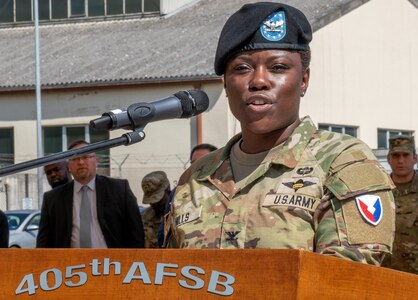 : Army Col. Crystal Hills, the new commander of the 405th Army Field Support Brigade, provides remarks at the 405th AFSB change of command ceremony on Daenner Kaserne in Kaiserslautern, Germany, June 30. Hills assumed command of the 405th AFSB from Col. Brad Bane whose next assignment will be deputy director of the J4 logistics and engineering directorate, U.S. Indo-Pacific Command in Hawaii. Hills last assignment was chief of staff and senior fellow with New America in Washington, D.C., where she advanced research in the Army’s adoption of semi-autonomous warehouses. (photo by Elisabeth Paqué)