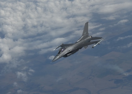 Maj. Michael Leary, 138th Fighter Wing pilot, flies an F-16 Viper during a sortie over the skies of Oklahoma, April 6, 2019. The F-16 is a compact, multi-role fighter that is highly maneuverable and has proving itself in air-to-air combat and air-to-surface attack. (U.S. Air National Guard photo by Staff Sgt. Rebecca Imwalle)