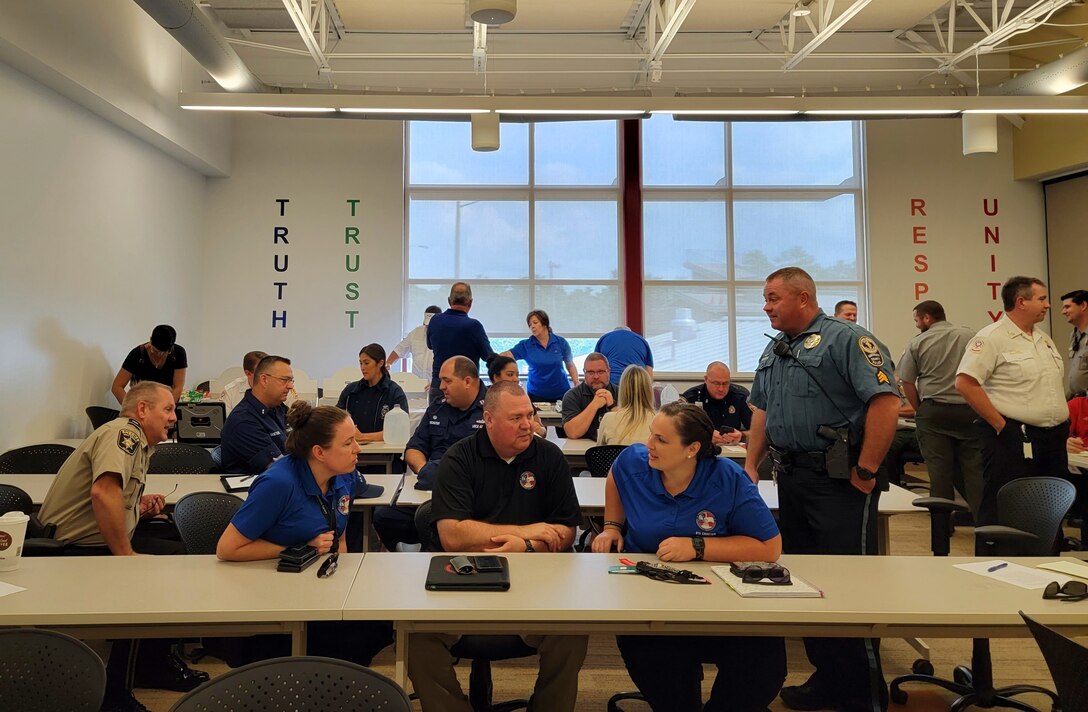 U.S. Army Corps of Engineers rangers, sheriff's deputies, police officers, firefighters, Coast Guard auxiliary, Department of Natural Resources, and emergency management services from Hall, Forsythe, and Gwinnett counties met June 30th, 2022 to sync operational plans and resources for the expected rise in visitation volume on Lake Sidney Lanier.