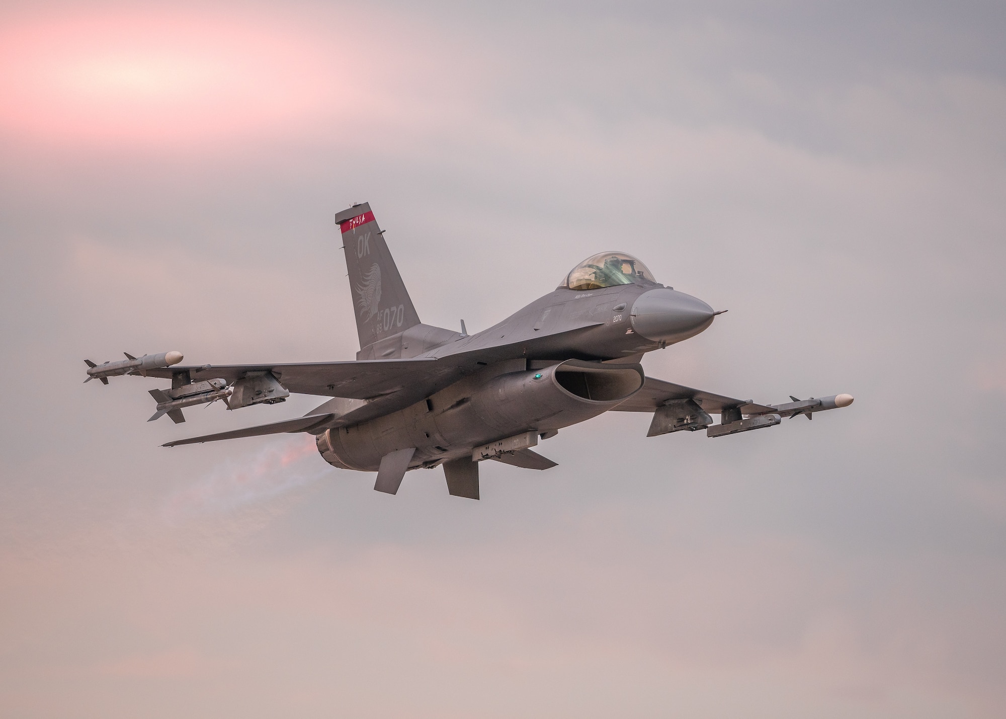 Lt. Col. David S. Gritsavage, F-16 pilot, 138th Fighter Wing, performs a flyby during his 5,000th hour of flight time in an F-16, Sept. 21, 2021, at Tulsa Air National Guard Base, Okla. Gritsavage is one of few pilots to accomplish this feat in an F-16, and the first to cross that threshold at the 138th Fighter Wing.

(Oklahoma Air National Guard photo by Master Sgt. C.T. Michael)