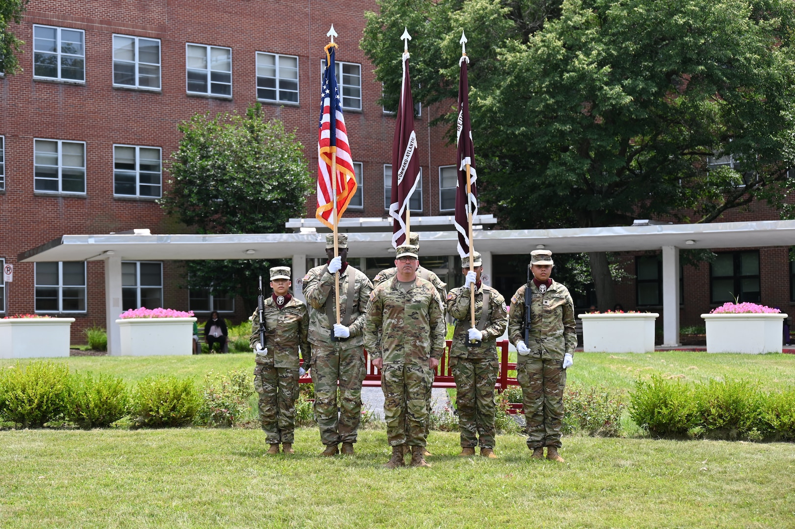 Col. James C. Maker, Fort Meade Medical Department Activity commander, assumes command of the MEDDAC at a change of command ceremony held at the main entrance of Kimbrough Ambulatory Care Center June 21, 2022.