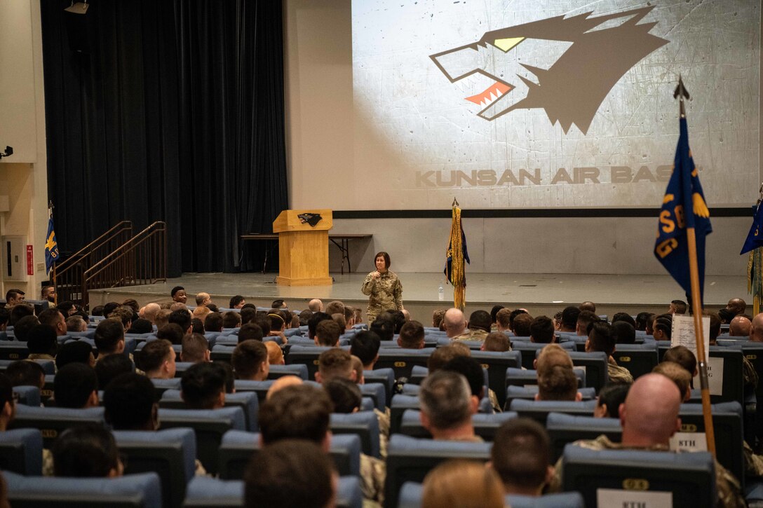 Chief Master Sgt. of the Air Force JoAnne S. Bass, holds an all-call with the Wolf Pack, at Kunsan Air Base, Republic of Korea, June 27, 2022. During her visit, Bass met with Airmen, Wing leaders, and recognized service members for their outstanding achievement. (U.S. Air Force photo by Staff Sgt. Sadie Colbert)