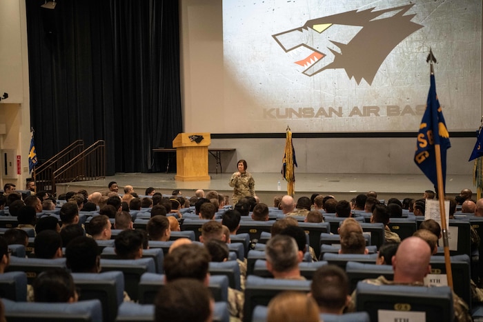 Chief Master Sgt. of the Air Force JoAnne S. Bass, holds an all-call with the Wolf Pack, at Kunsan Air Base, Republic of Korea, June 27, 2022. During her visit, Bass met with Airmen, Wing leaders, and recognized service members for their outstanding achievement. (U.S. Air Force photo by Staff Sgt. Sadie Colbert)